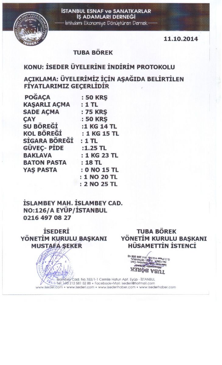 İSEDERİ - TUBA BÖREK İNDİRİM PROTOKOLÜ